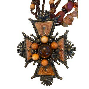 Carnelian Stone Multi-Strand Necklace With Ornate Cross Pendant & Metal Accents
